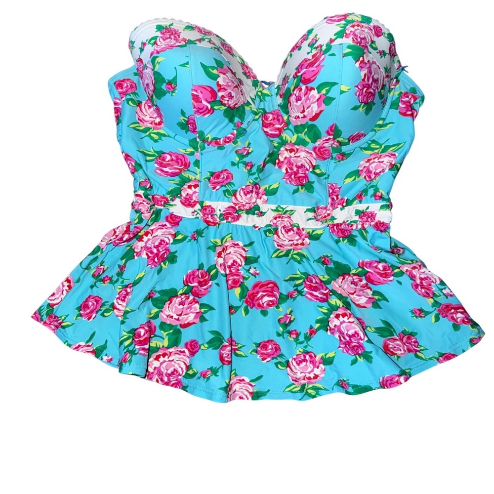 Betsey Johnson Turquoise Pink Rose Floral Bustier Peplum Swim Top large